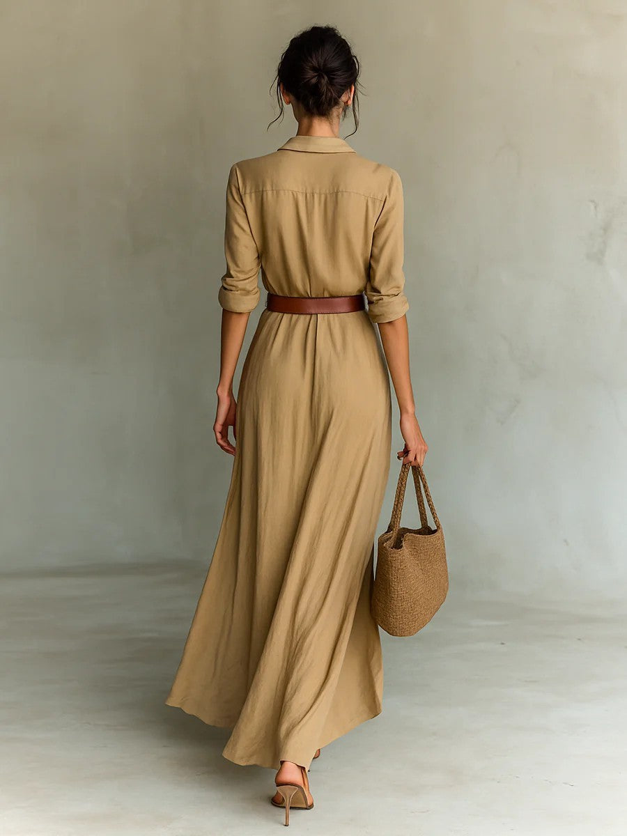 Irregular Long Dress With Belt Fashion And Elegant Button Lapel Long-sleeved Shirt For Women, back view in khaki color.