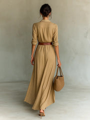 Irregular Long Dress With Belt Fashion And Elegant Button Lapel Long-sleeved Shirt For Women, back view in khaki color.