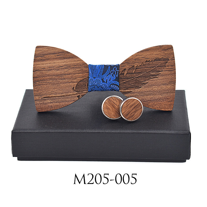 Business Leisure Feather Carving Wooden Tie Cuff Buckle Set