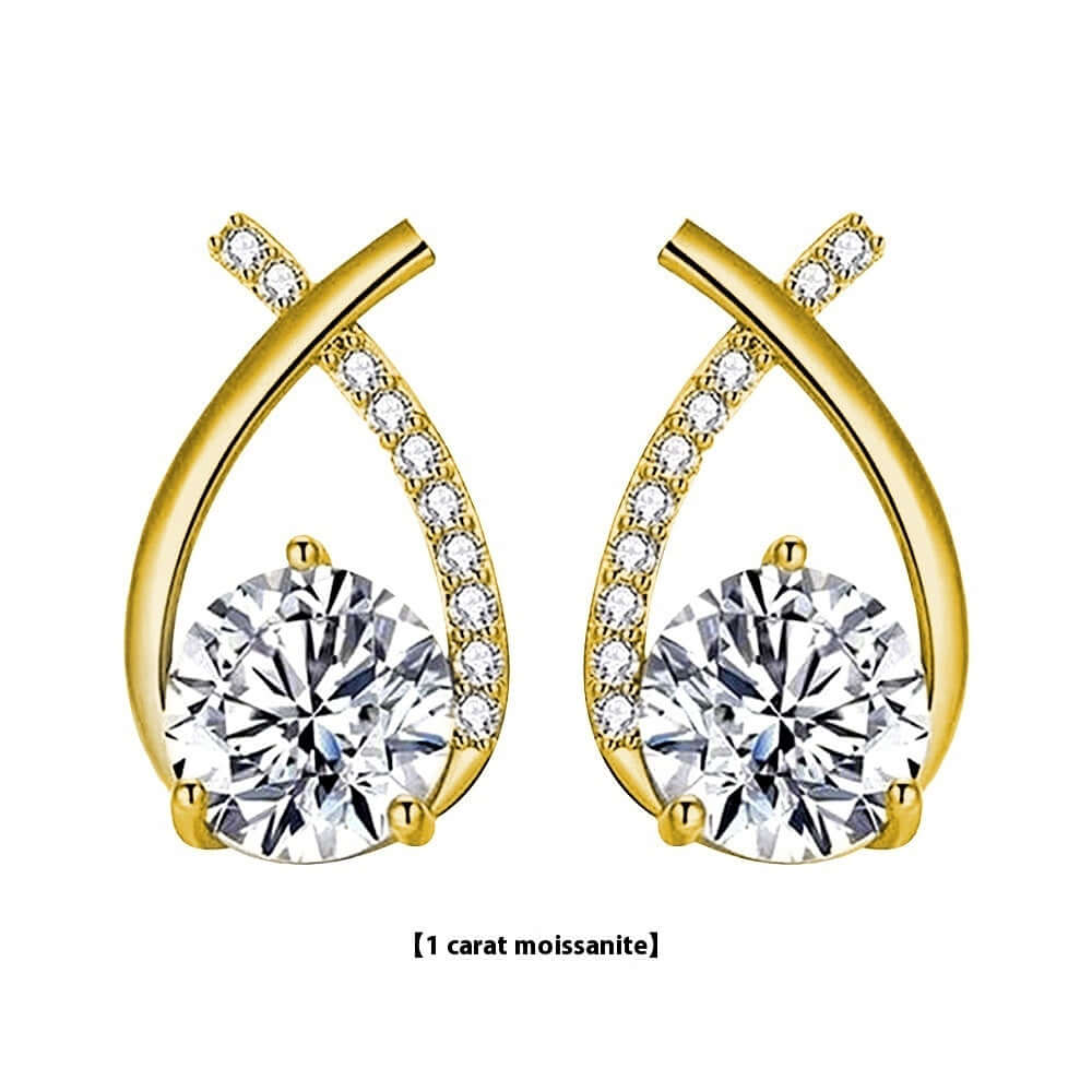 Moissanite 925 Sterling Silver Fishtail Cross Stud Earrings featuring yellow gold and 1 carat moissanite.