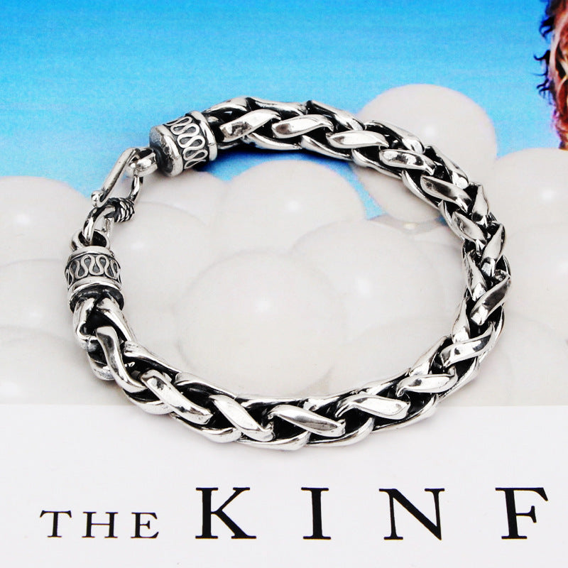 S925 Sterling Silver Retro Domineering Handcraft Bracelet showcasing detailed craftsmanship and geometric design.