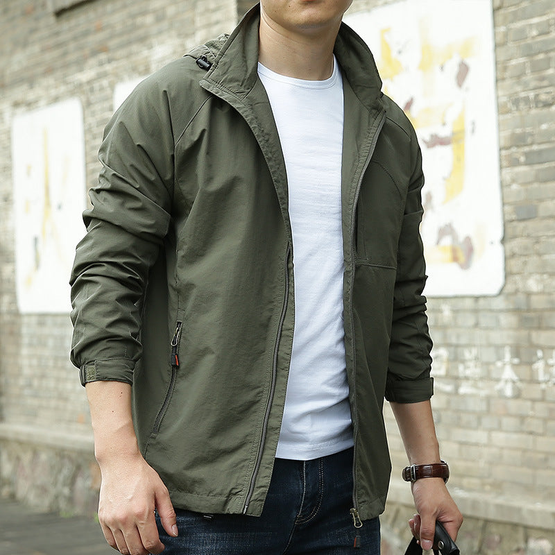 Men's Fashion Solid Color Single Outdoor Jacket in olive green worn by a man in a casual outdoor setting.