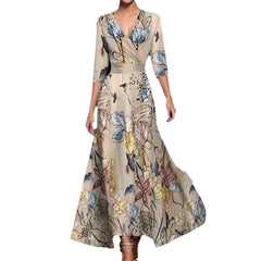 Cross V-neck 34 Sleeve Length Dress featuring a floral design, perfect for fashion jewellery and Christmas occasions.