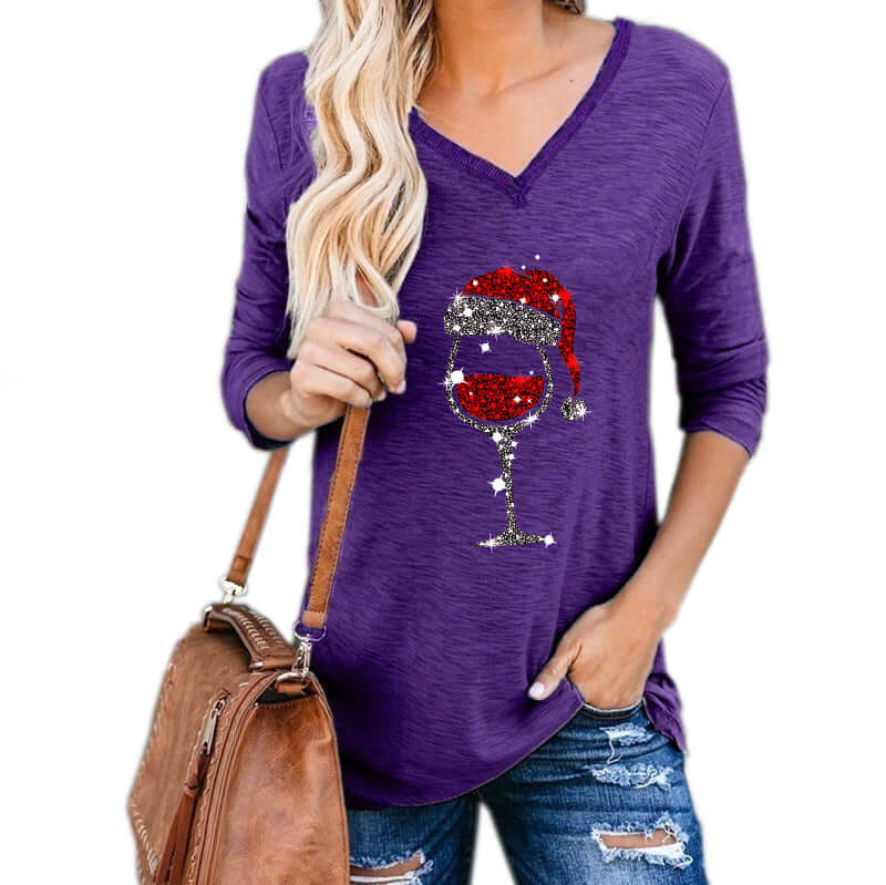 plus size Christmas wine glass top Women Clothing in purple with festive wine glass design, perfect for casual holiday wear.
