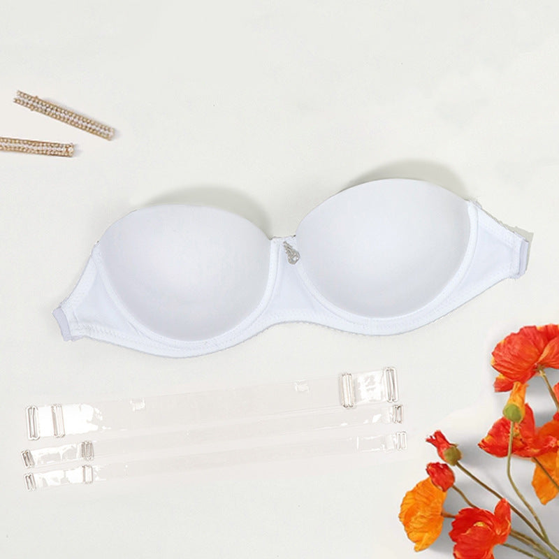 European And American Ladies Transparent Push Up Bras in white with detachable straps and floral accents.