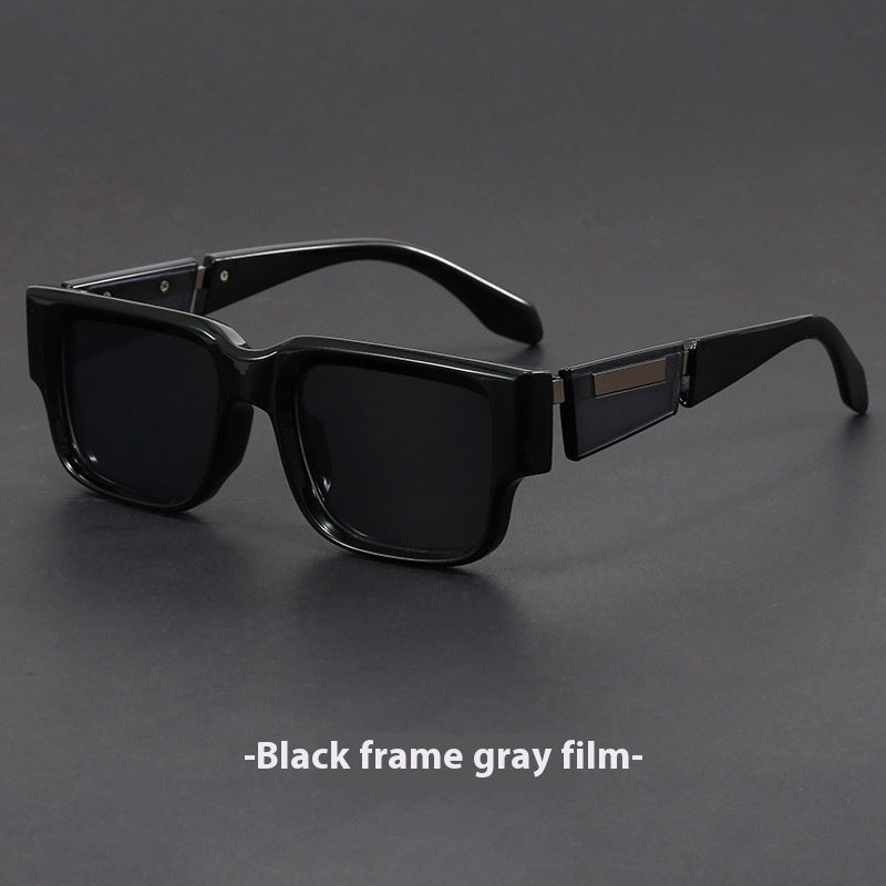 Gray Blue Square Thick Frame Sunglasses UV-proof Retro Simple Sun Glasses with black frame and gray lenses.