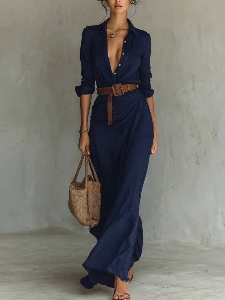 Irregular Long Dress With Belt Fashion And Elegant Button Lapel Long-sleeved Shirt For Women in navy blue.