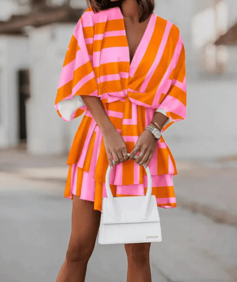 Fashion Print V-Neck Doll Sleeve Loose Cake Dress