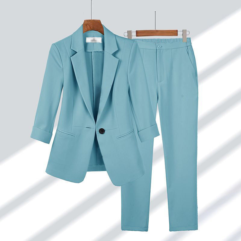 2pcs Casual Blazer Set Solid Color Lapel Single-breasted Jacket And Zipper Straight Pants Women's Office Business Suit in blue color
