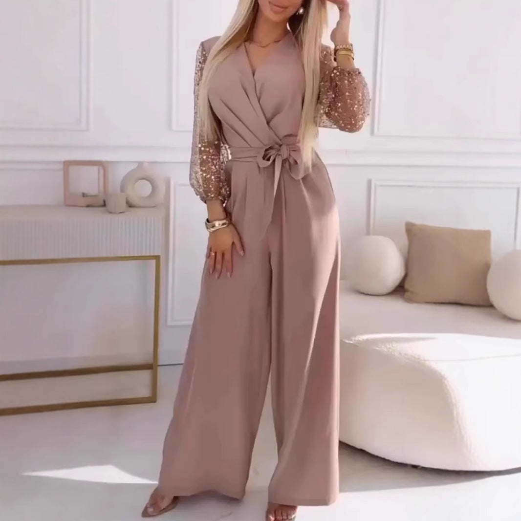 Sequined Top Wide Leg Pants Casual Suit Women in blush color with puff sleeves and stylish tie detail