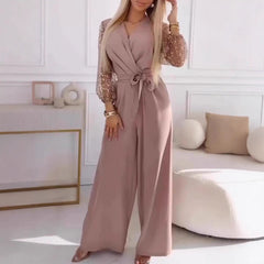 Sequined Top Wide Leg Pants Casual Suit Women in blush color with puff sleeves and stylish tie detail