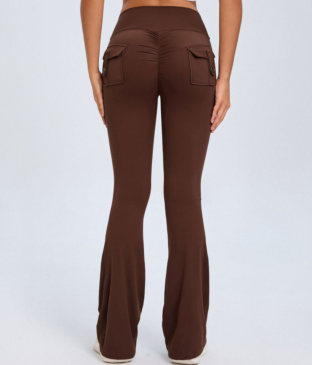 Yoga Fitness Flared Pants showcasing the back view with pockets, highlighting stylish design and comfortable fit.