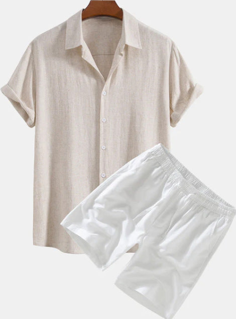 Men's Solid Color Casual Short-sleeved Shirt Shorts Suit in beige with white shorts, perfect for casual summer wear.
