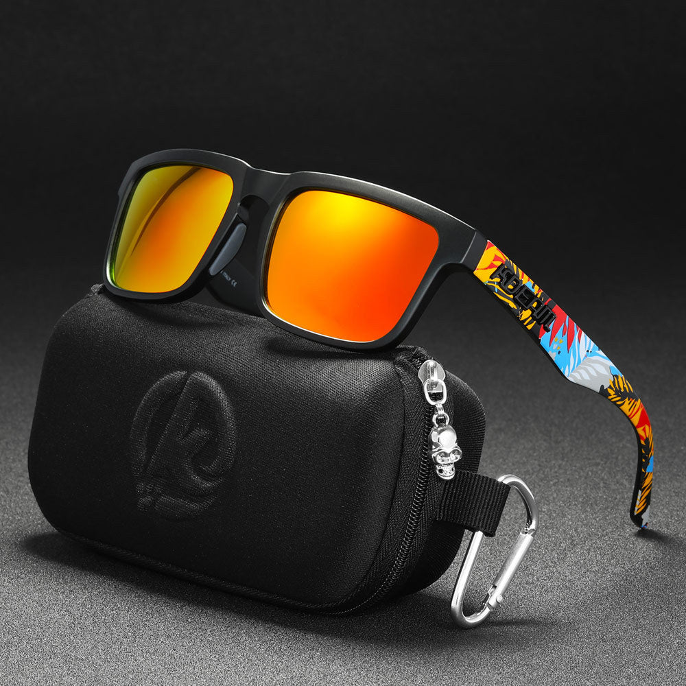 Men And Women Dazzling Color Polarized Sunglasses with vibrant frames and stylish case.