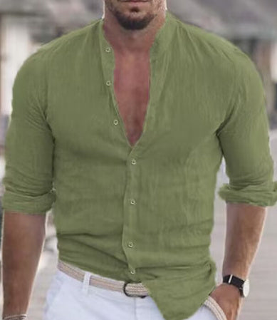 Men's Long Sleeve Shirt With Button Casual Solid Color Tops For Spring Autumn in olive green worn with white pants.