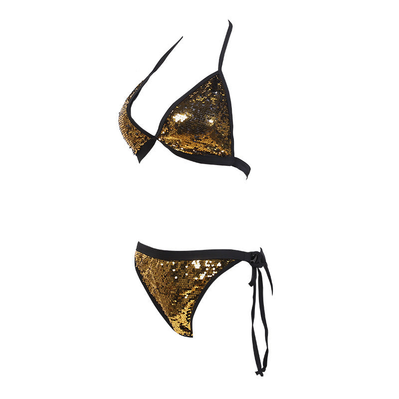 Triangle flash diamond breathable bikini with sequins in gold and black, perfect for fashion jewellery and summer styles.