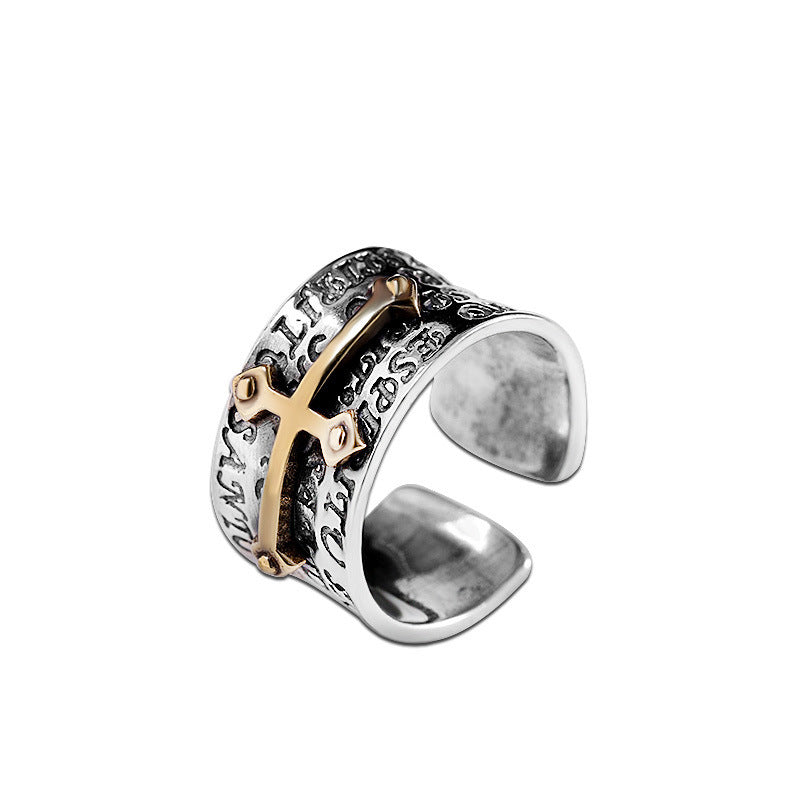 Character Thai S925 Silver Jewelry, unisex fashion ring with geometric design and cross embellishment.