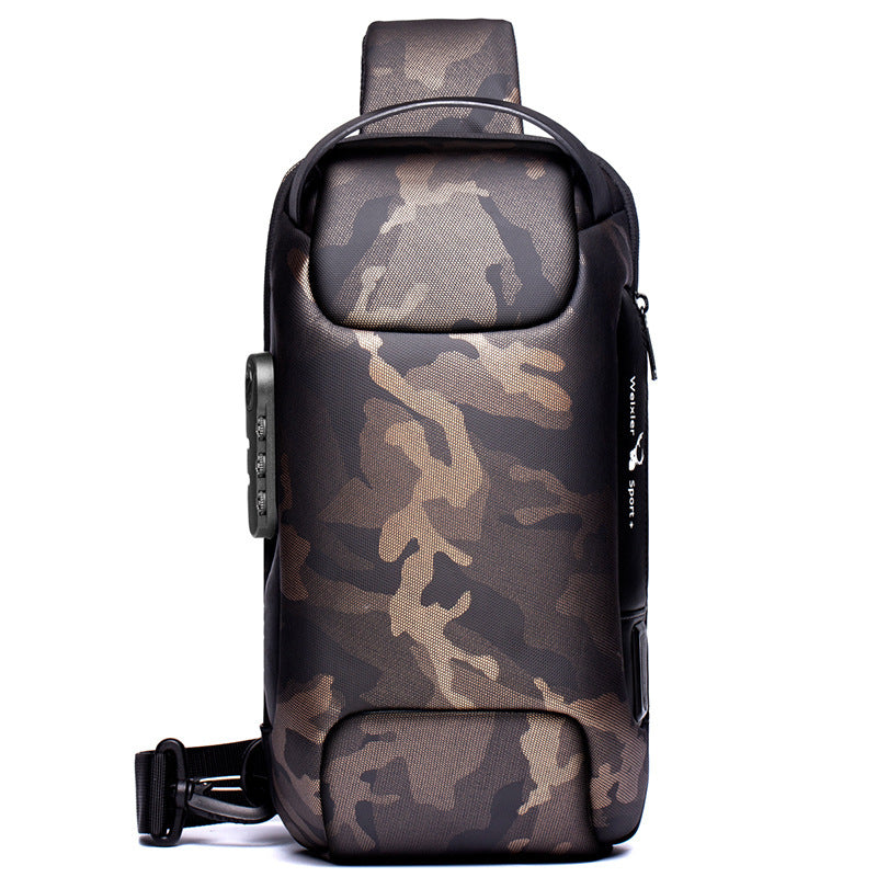 antitheft money shoulder bag in camouflage pattern, perfect for outdoor activities and travel.