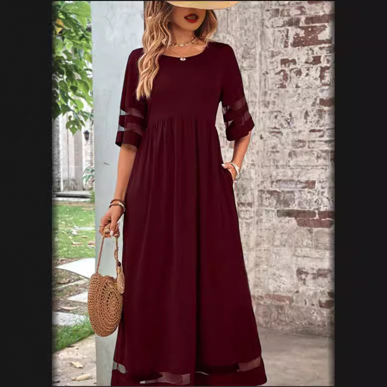 New Hot Sale Five-quarter Sleeve Mesh Patchwork Round Neck Pocket Dress in burgundy with stylish pockets and flowy fit.