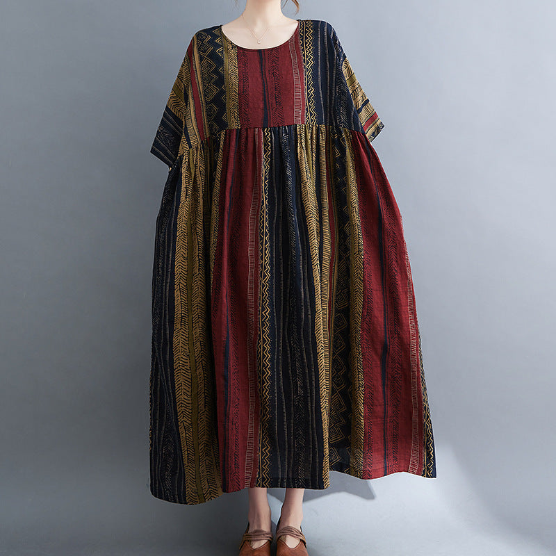 Round Neck Short Sleeve Swing Stripe Dress