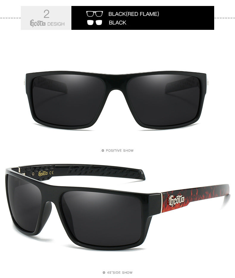 Hip Hop Fashion West Coast Polarized Sunglasses in Black with Red Flame Design, ideal for travel and gatherings.
