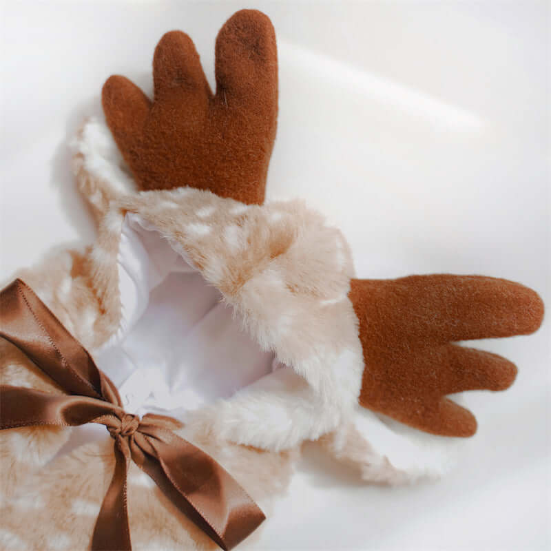 Christmas Pet Clothing Elk Cape Cloak featuring brown elk-style gloves and fluffy fabric for festive pets.