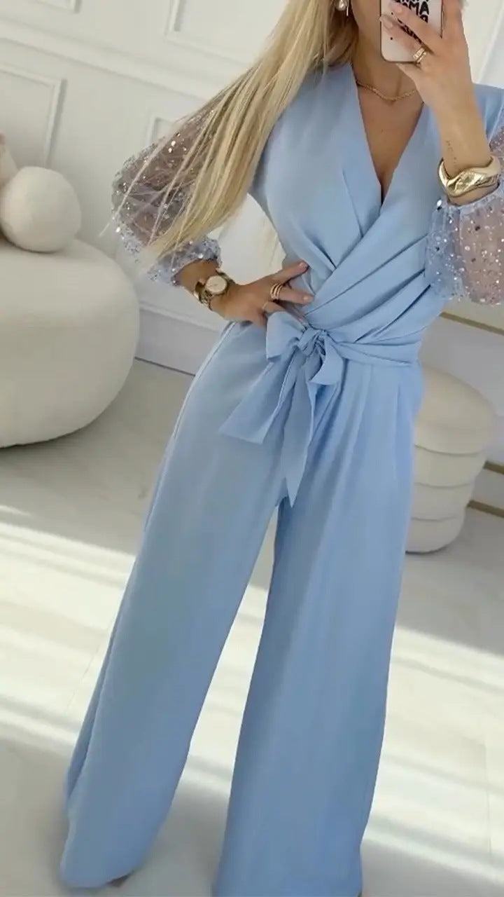 Sequined Top Wide Leg Pants Casual Suit Women in blue with puff sleeves and sequin detailing, perfect for fashion and Christmas.