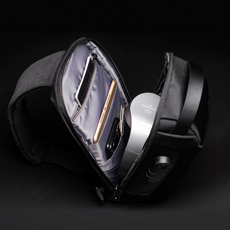 Interior view of an antitheft money shoulder bag, highlighting storage for phone and gadgets.