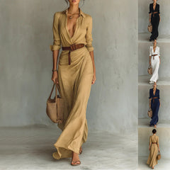 Irregular Long Dress With Belt Fashion And Elegant Button Lapel Long-sleeved Shirt For Women in khaki, modeled with handbag.