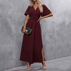 Fashionable Elegant Split Dress Women's Clothing in wine red with A-line skirt style and a side slit.