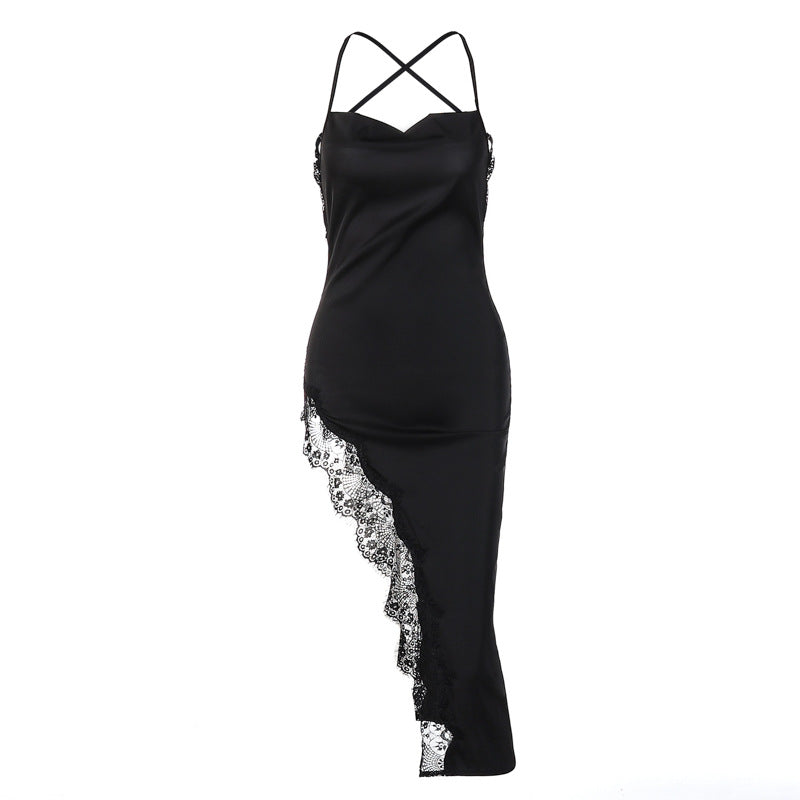 New Summer Fashion Sexy Backless Slim Fit Lace Sling Dress Women in black with lace detailing.