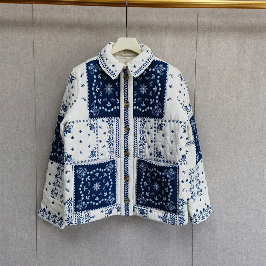 Autumn And Winter Ethnic Style Floral Contrast Color Thin Embroidery Cotton-padded Jacket