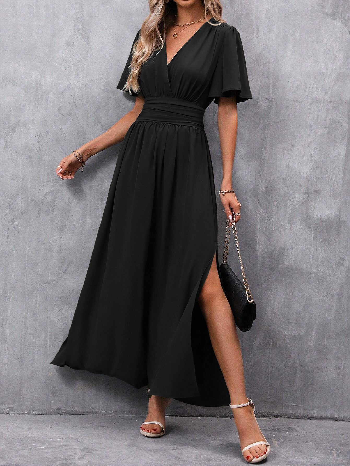 Fashionable Elegant Split Dress Women's Clothing in black with a stylish slit and flutter sleeves.