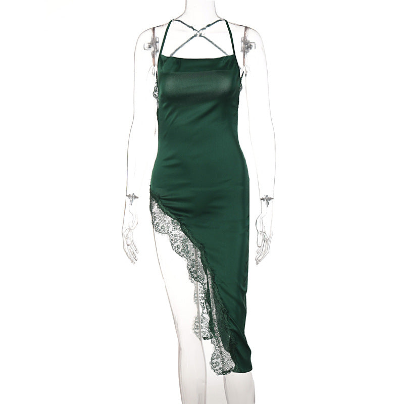 New Summer Fashion Sexy Backless Slim Fit Lace Sling Dress Women in green with lace detail and high waist design.