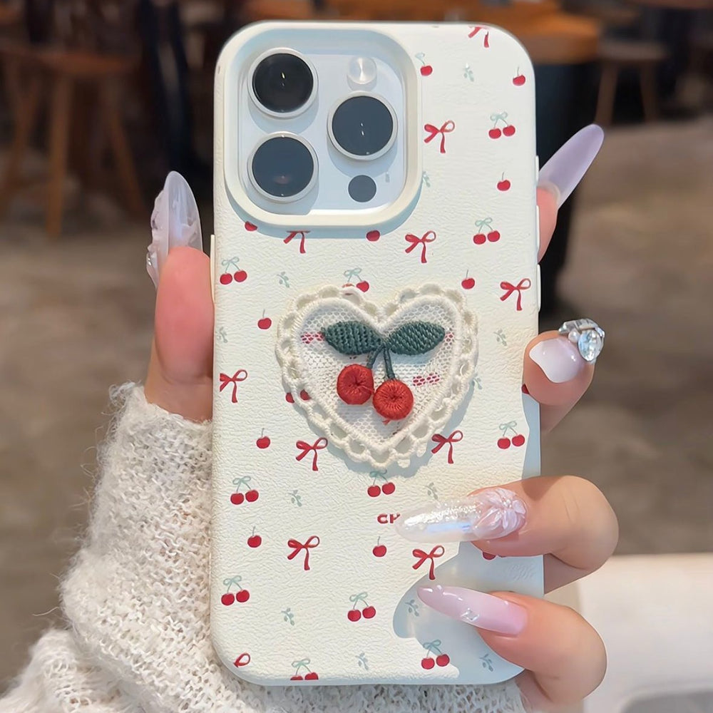 Ins Korean Style Embroidered Cherry Phone Case Leather Pattern with litchi pattern and three-dimensional embroidery