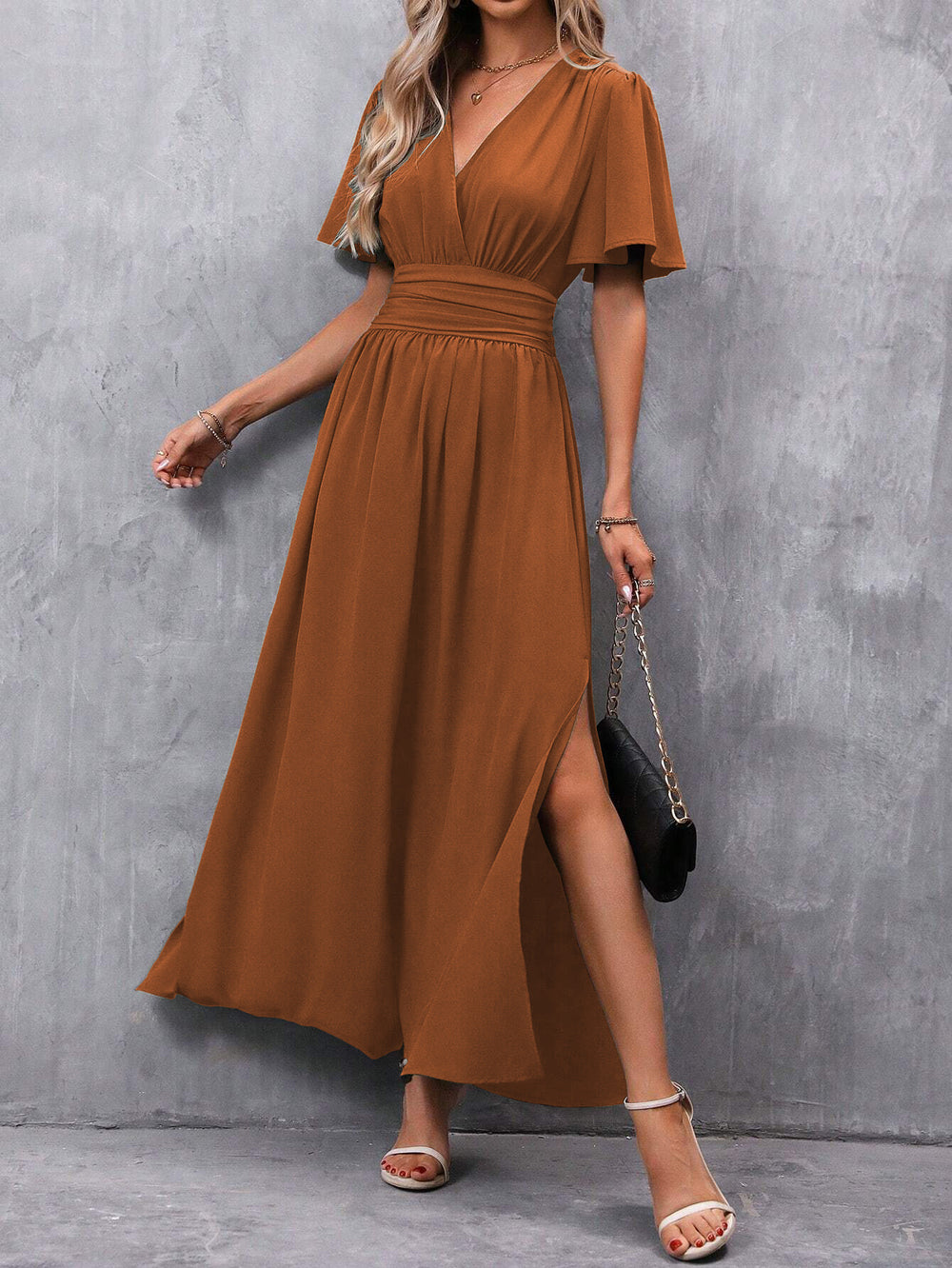 Fashionable Elegant Split Dress Women's Clothing in solid caramel color with A-line skirt and elegant design.