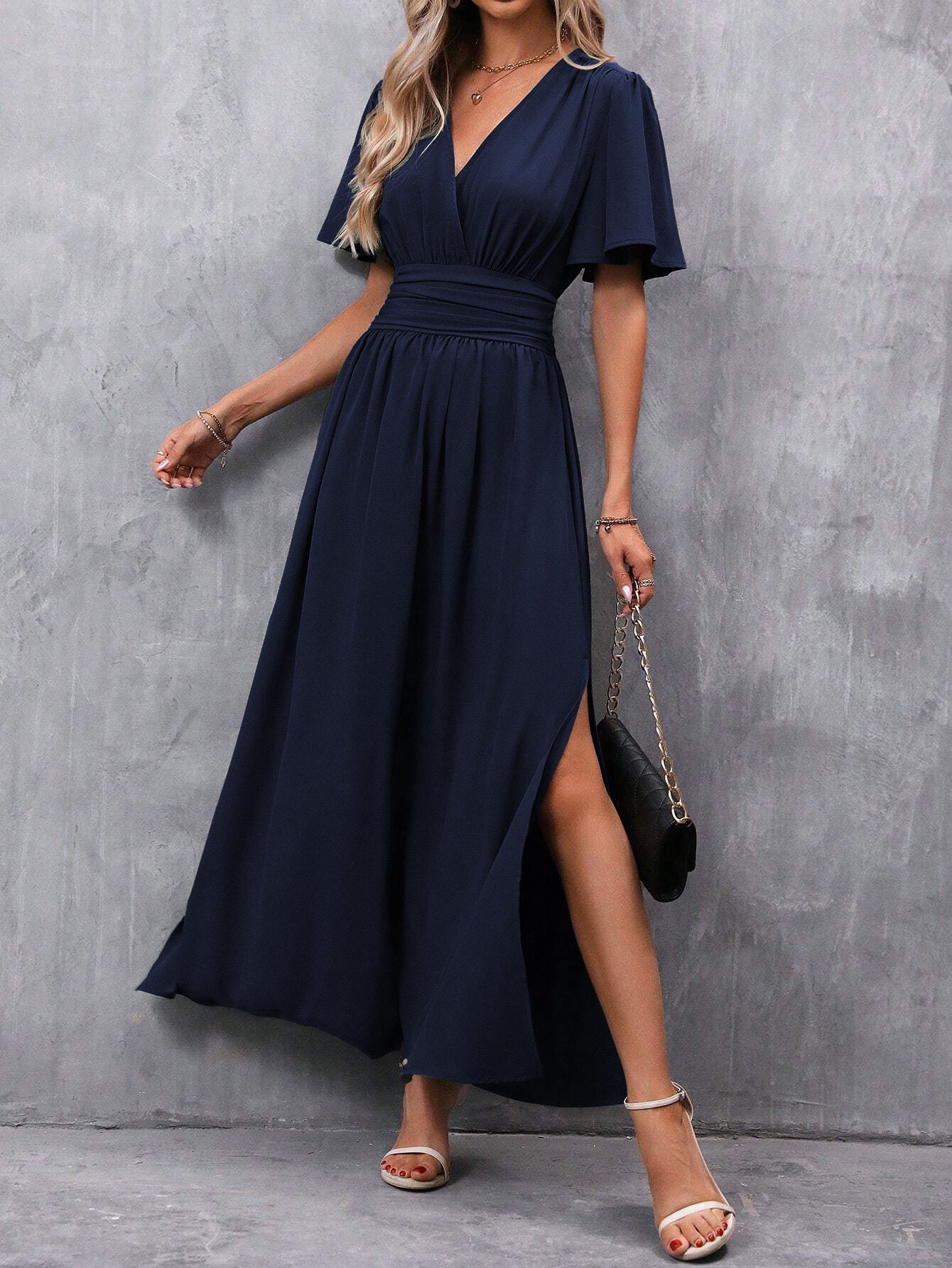Fashionable Elegant Split Dress Women's Clothing in navy blue with stylish split and elegant design