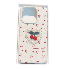 Ins Korean Style Embroidered Cherry Phone Case Leather Pattern with 3D cherry design and litchi pattern.