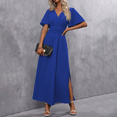 Fashionable Elegant Split Dress Women's Clothing in royal blue with split detail and flowing sleeves.