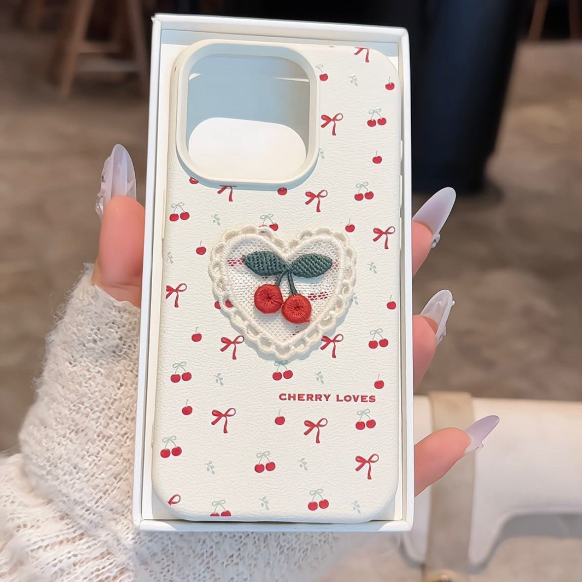 Ins Korean Style Embroidered Cherry Phone Case Leather Pattern with cherry design and heart, ideal for fashion enthusiasts.