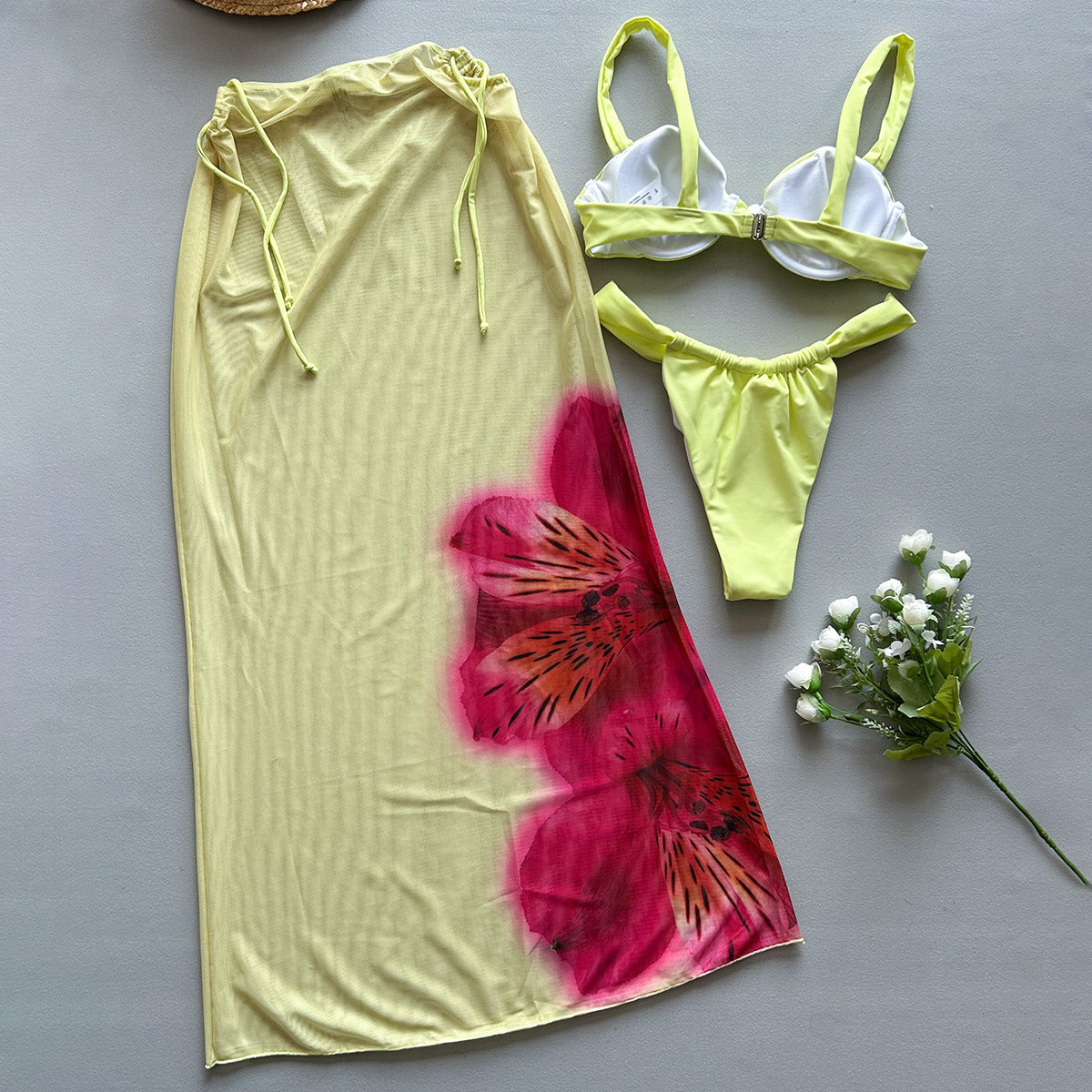 Three-piece Bikini Printed Split Women's Swimsuit Suit in yellow floral design with matching cover-up.