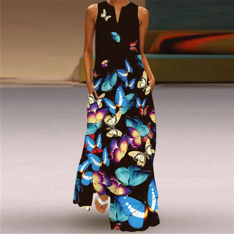 Women's Clothing Printed V-neck Large Swing Dress featuring a butterfly print.