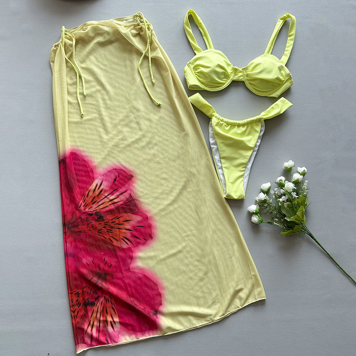 Three-piece Bikini Printed Split Women's Swimsuit Suit in yellow with floral print cover-up and matching bikini set.