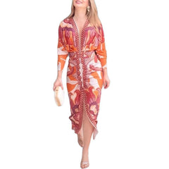 Fashion Personality Printed V-neck Dress Women in vibrant orange and pink patterns, perfect for stylish women.