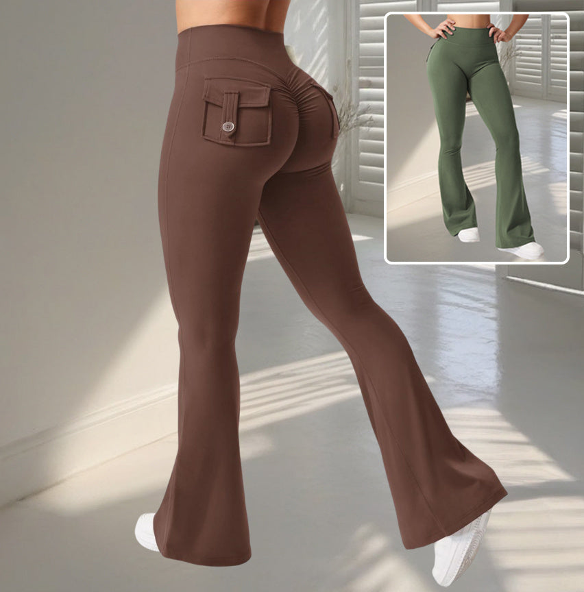 Yoga Fitness Flared Pants in brown with pockets, showcasing a stylish fit for comfort and movement during workouts.