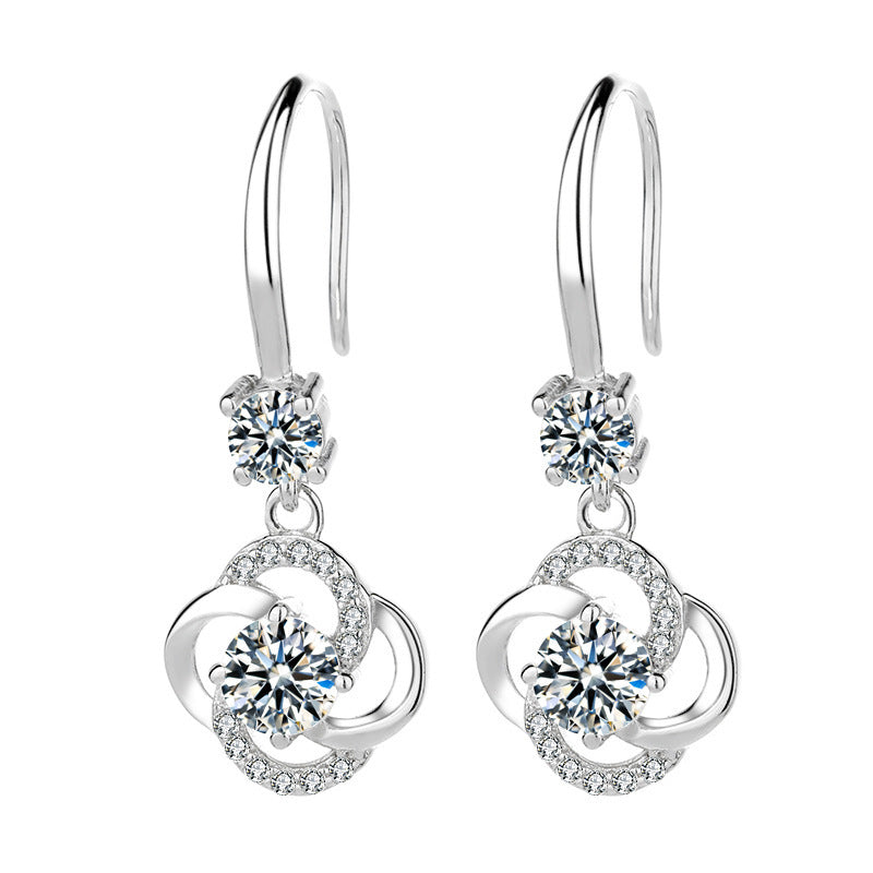 S925 Sterling Silver Earrings South Korea Elegant Long with white and purple diamonds in flower shape.