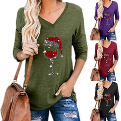 Plus size Christmas wine glass top Women Clothing in black, grey, purple, wine red, army green, and blue.