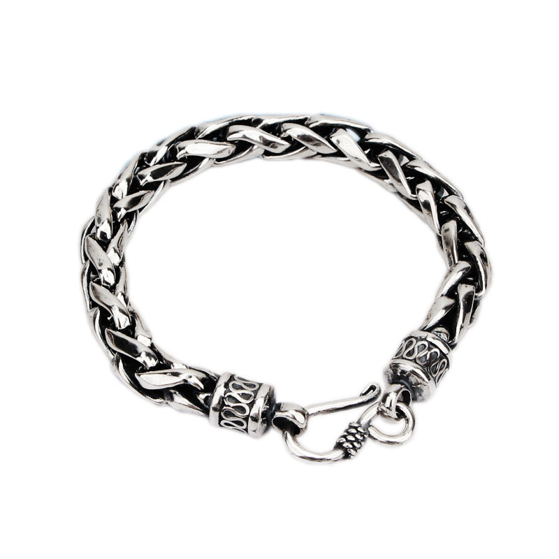 S925 Sterling Silver Retro Domineering Handcraft Bracelet showcasing a braided design with a secure hook clasp.