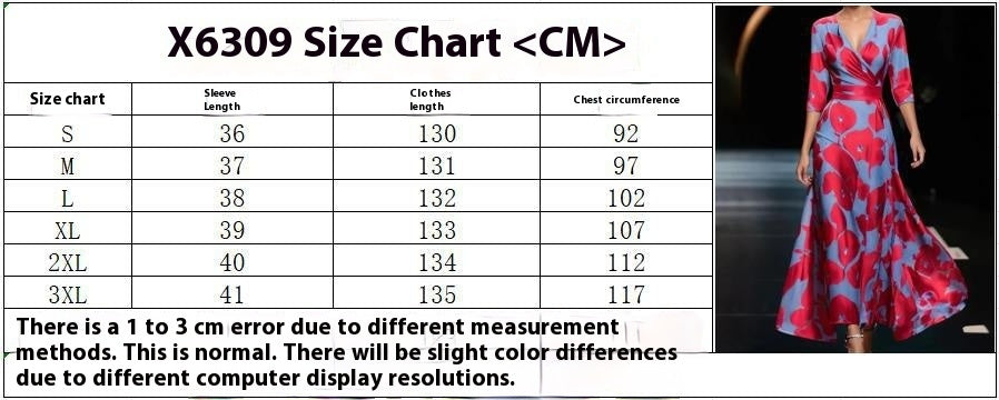 Cross V-neck 34 Sleeve Length Dress size chart with measurements in centimeters for various sizes.