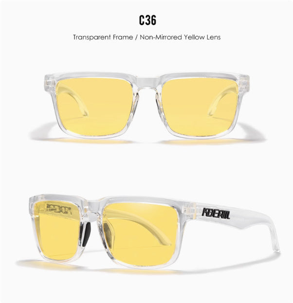 Men And Women Dazzling Color Polarized Sunglasses with transparent frame and non-mirrored yellow lens.